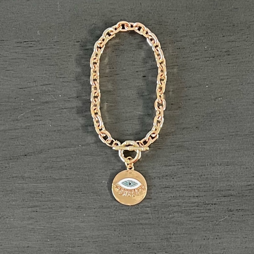 Gold Evil Eye Blue Rhinestone Charm Chain Link Toggle Protection Luck Bracelet
